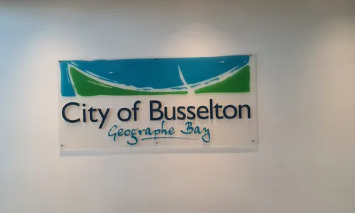 City of Busselton Geographe Bay acrylic sign on a reception wall