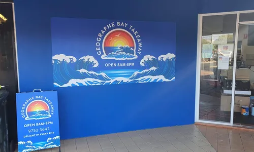 Geographe Bay Takeaway wall graphic and A-frame sign