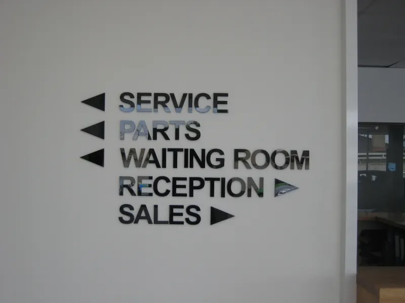Dimensional directional wall sign for service, parts, waiting room, reception and sales