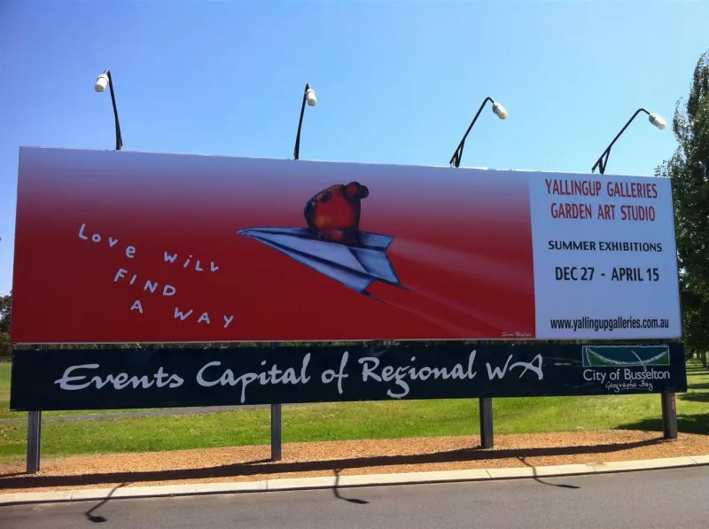Yallingup Galleries Garden Art Studio billboard on the Events Capital roadside frame