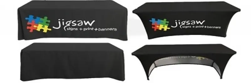 Branded table covers in fitted and stretch styles