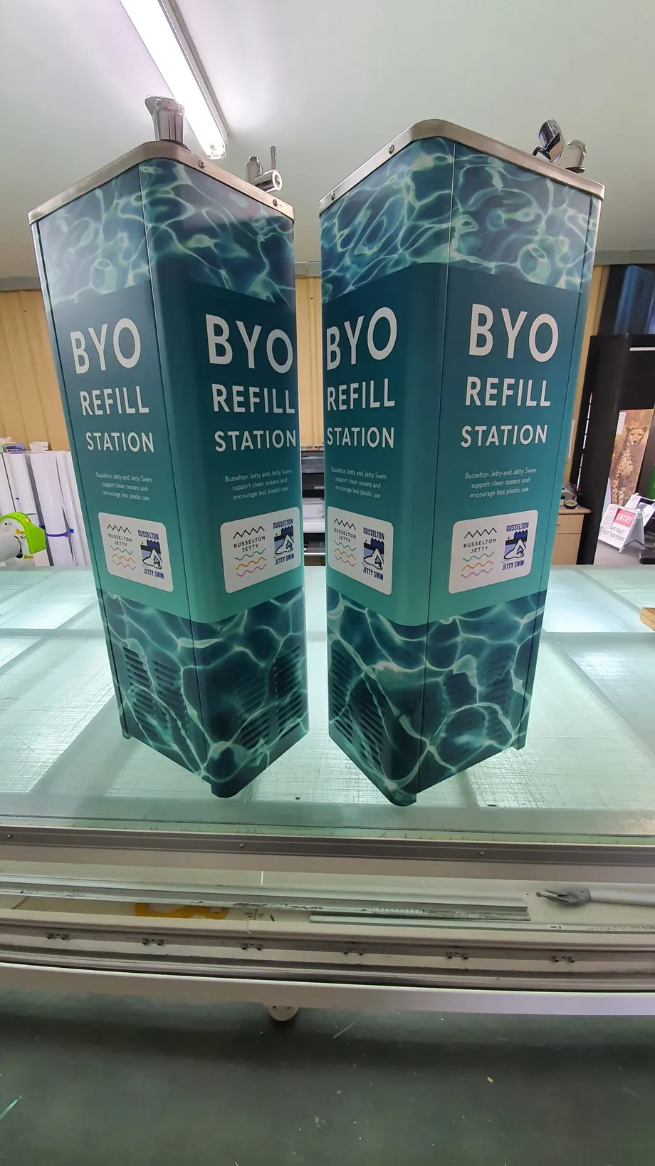 BYO refill station display panels on the workshop bench