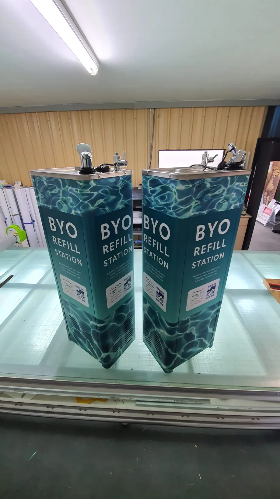 BYO refill station display panels in the workshop