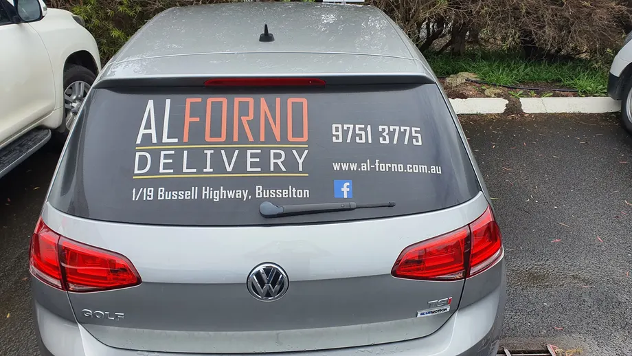 Al Forno Delivery rear window graphics on a hatchback