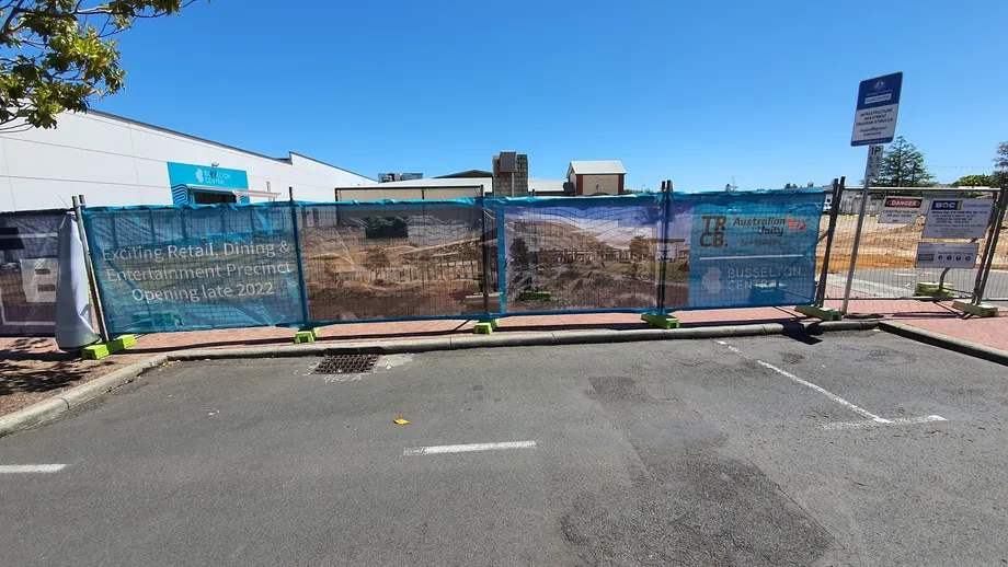 Busselton Central construction fence banners beside a car park