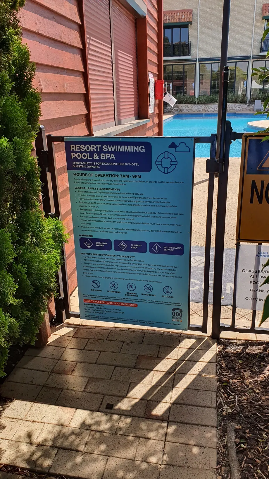 Club Wyndham pool information sign at the pool gate