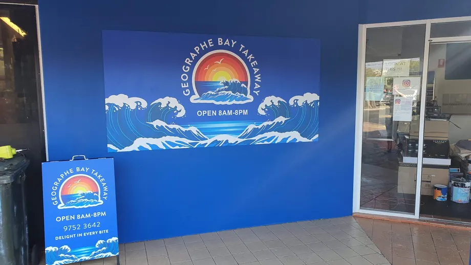 Geographe Bay Takeaway wall graphic and A-frame sign