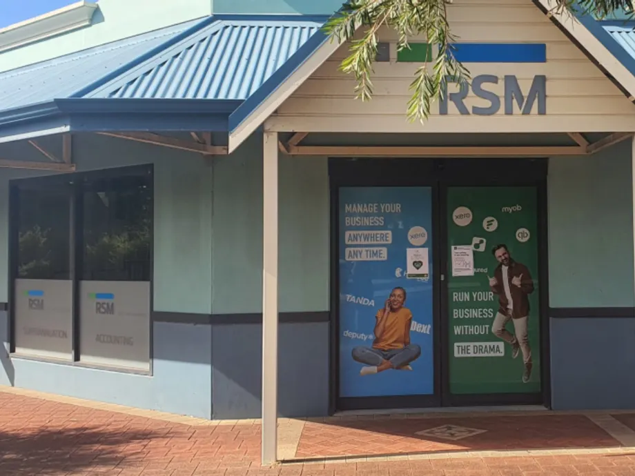 RSM office entrance with printed window graphics