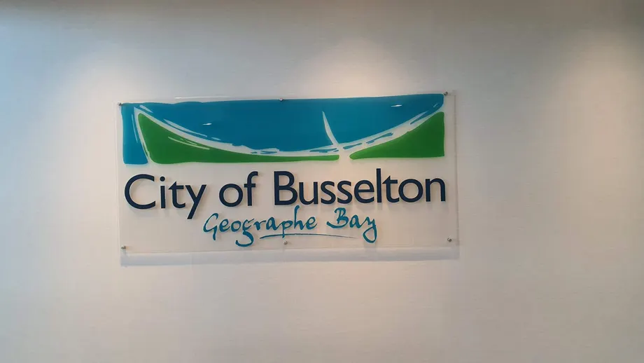 City of Busselton Geographe Bay acrylic sign on a reception wall