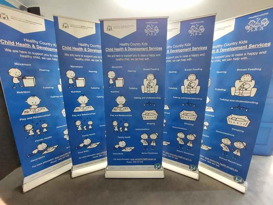 Five pull-up banners for child health and development services