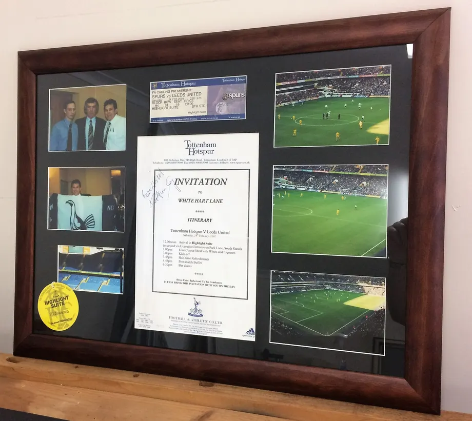 Framed football memorabilia with tickets and photographs