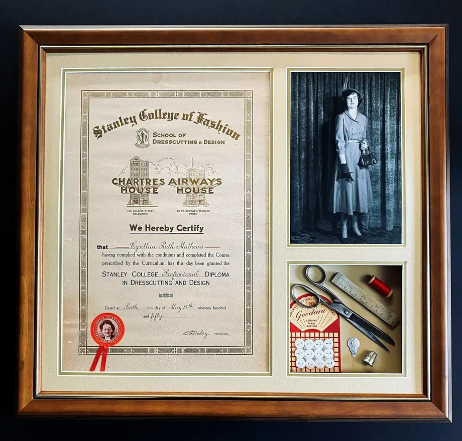 Framed fashion college certificate with photographs and keepsakes