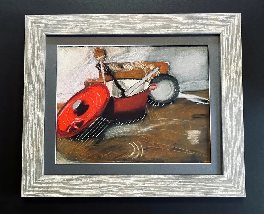 Framed painting of a red vintage car in a grey frame
