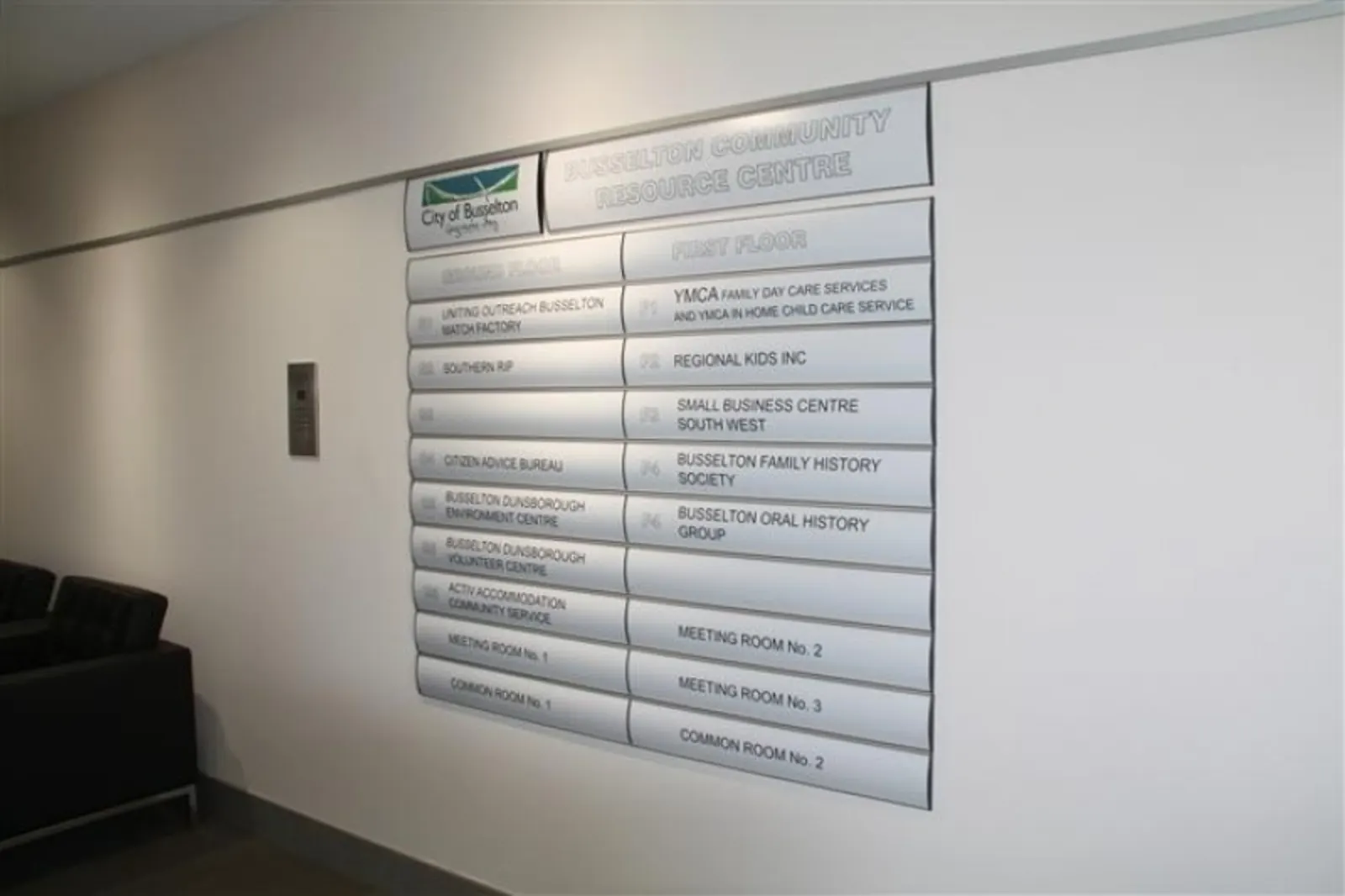 Directory sign board in a building foyer