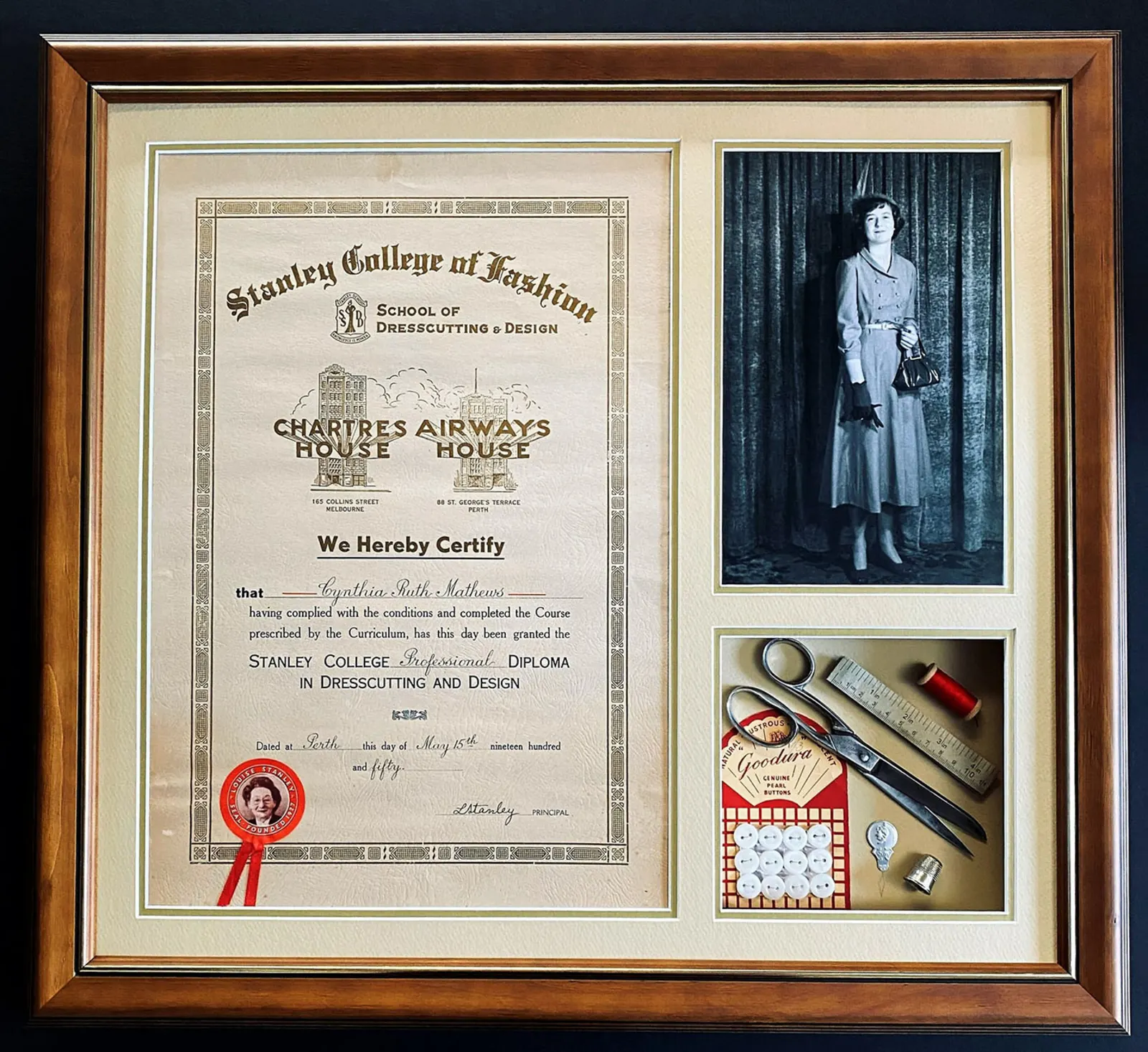 Framed fashion college certificate with a photograph and keepsakes